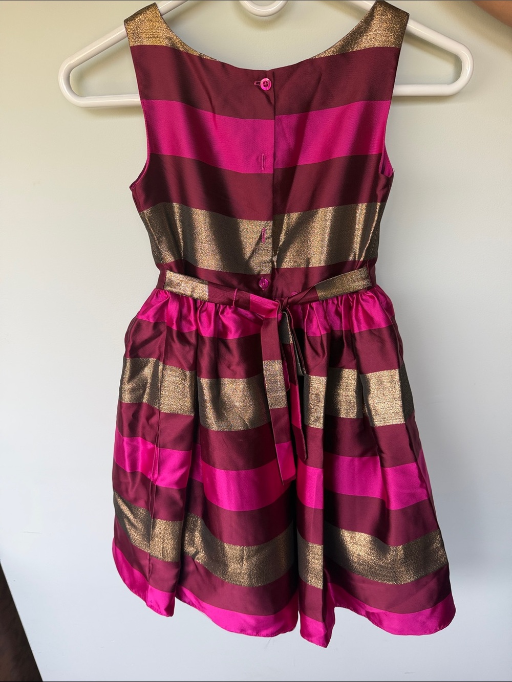 Girls Fuchsia and Gold Striped Party Dress with Bow